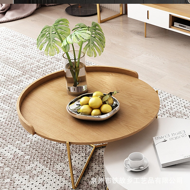 Nordic Solid Wood Luxury Coffee Table Simple Living Room Furniture Wrought Iron Round Table Small Coffee Table with Drawer