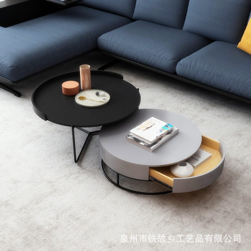 Nordic Solid Wood Luxury Coffee Table Simple Living Room Furniture Wrought Iron Round Table Small Coffee Table with Drawer