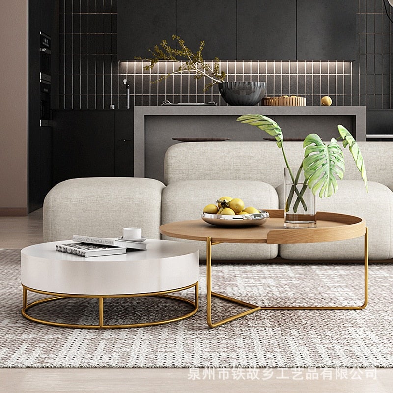 Nordic Solid Wood Luxury Coffee Table Simple Living Room Furniture Wrought Iron Round Table Small Coffee Table with Drawer