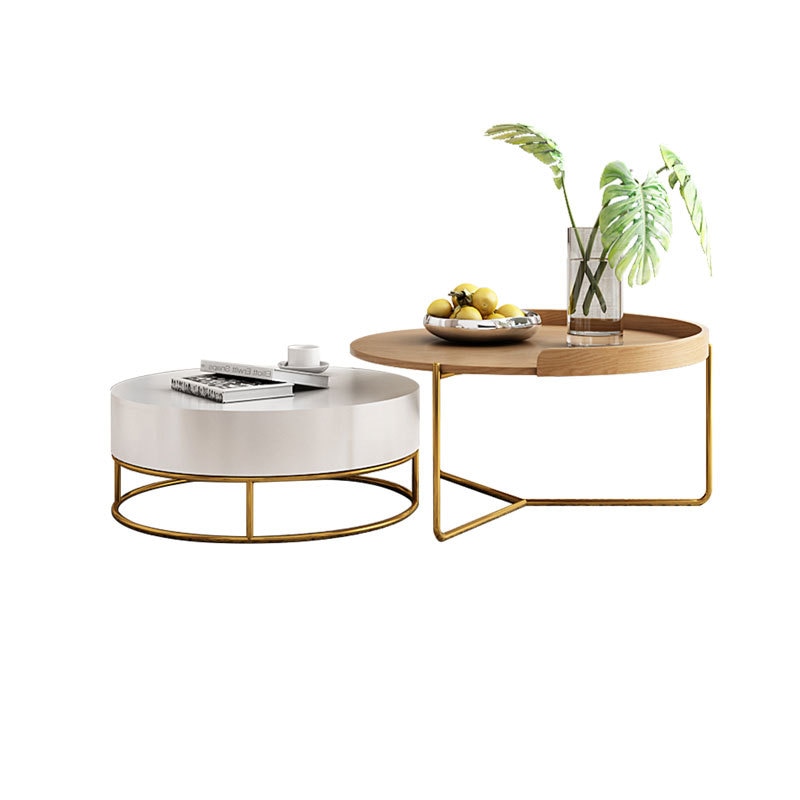 Nordic Solid Wood Luxury Coffee Table Simple Living Room Furniture Wrought Iron Round Table Small Coffee Table with Drawer