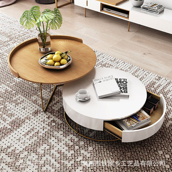 Nordic Solid Wood Luxury Coffee Table Simple Living Room Furniture Wrought Iron Round Table Small Coffee Table with Drawer